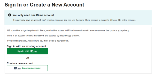 Image from ID.me account prompting user to sign in or create a new account