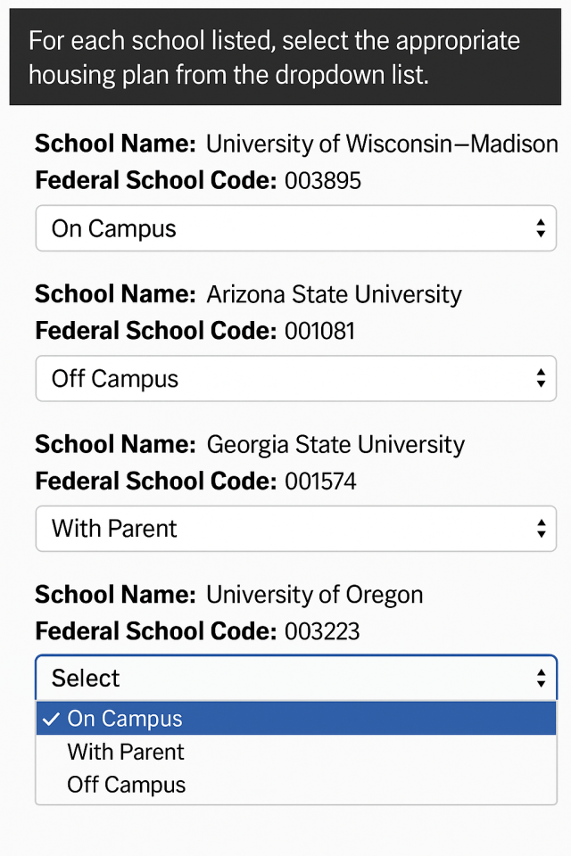 Screenshot of school selection on the FAFSA.