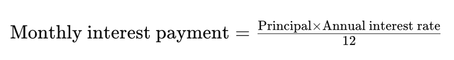 HELOC payment formula: Monthly interest payment equals principal times annual interest rate, divided by 12