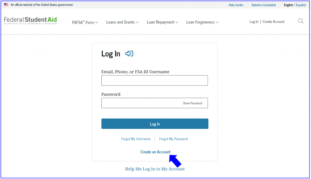 An image showing the account creation button on the FAFSA website.