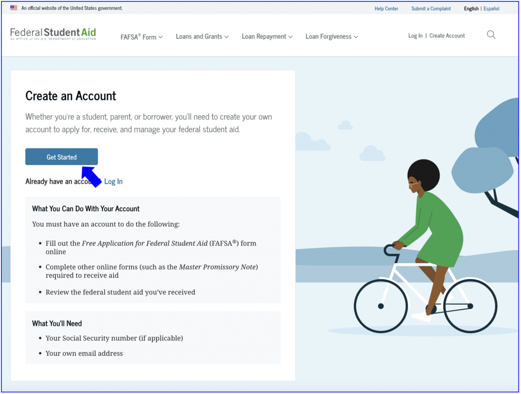An image of the FAFSA site displaying the Get Started button.