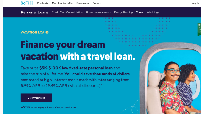 Image from SoFi's website advertising travel loans