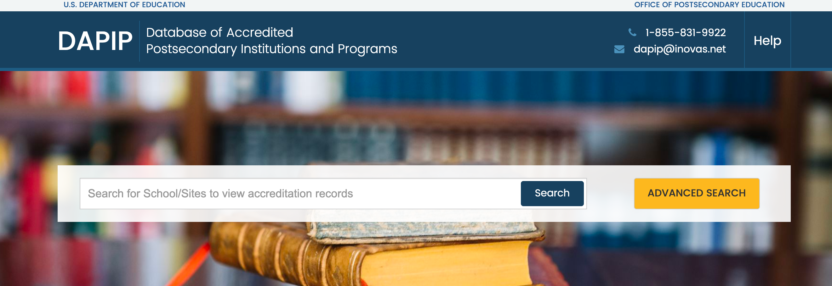 U.S. Dept. of Education Database for Accredited Postsecondary Institutions and Programs (DAPIP) home screen