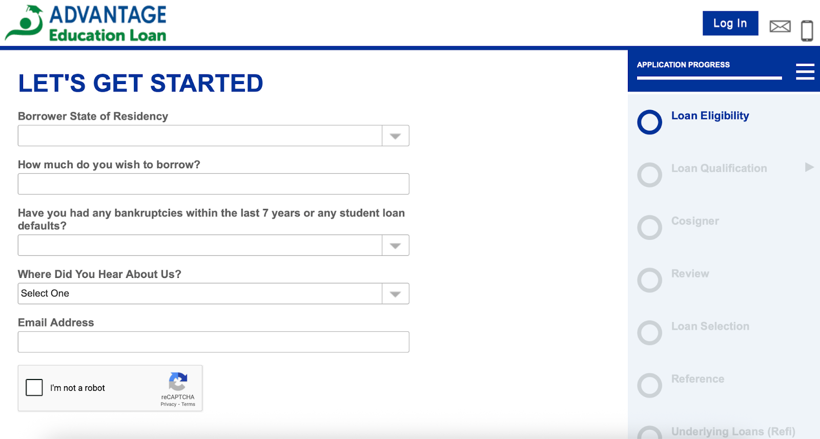 A screenshot of the Advantage Loan Application process indicating basic questions from its website.