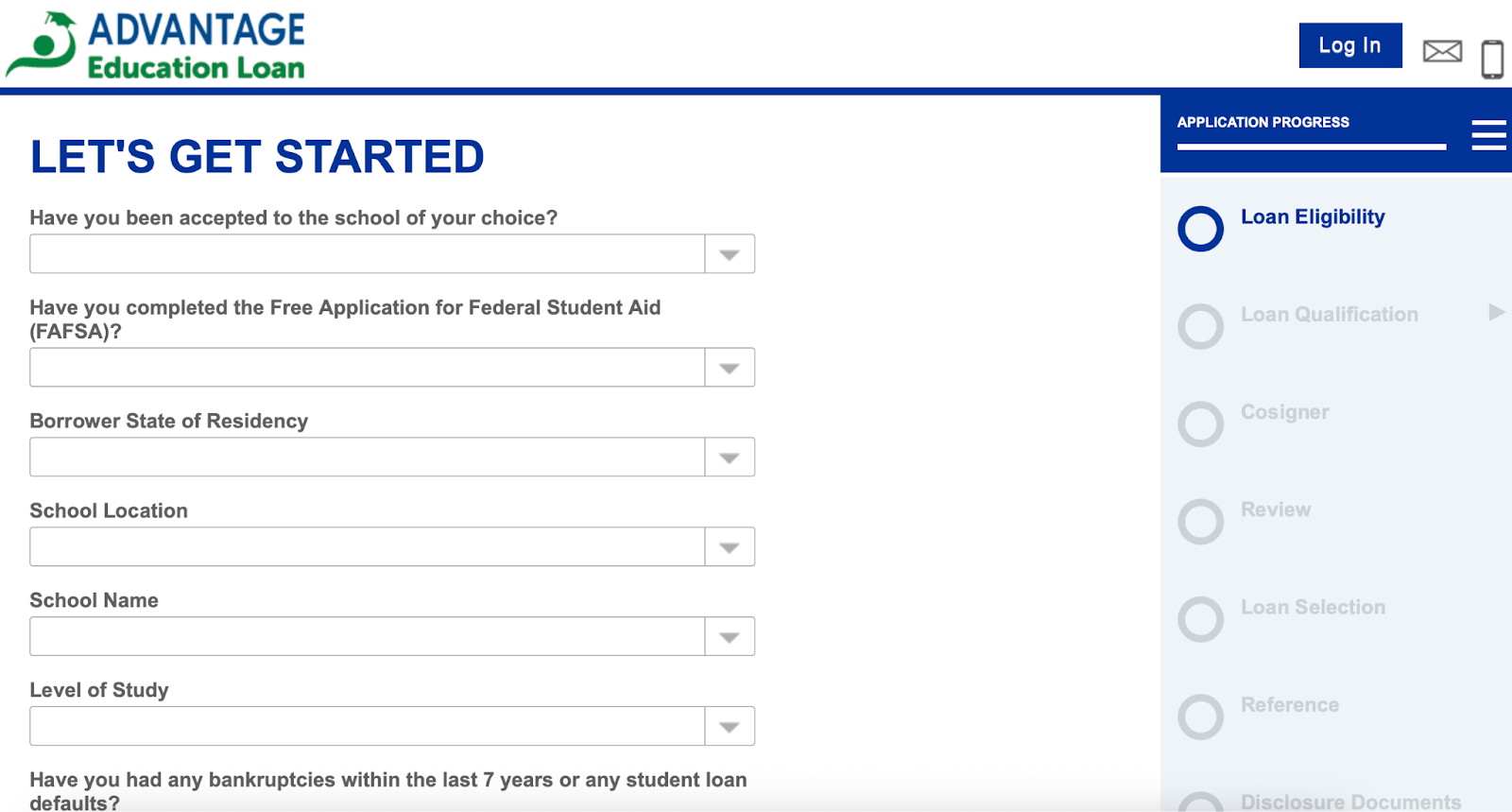 Advantage Education Loan Get Started Page