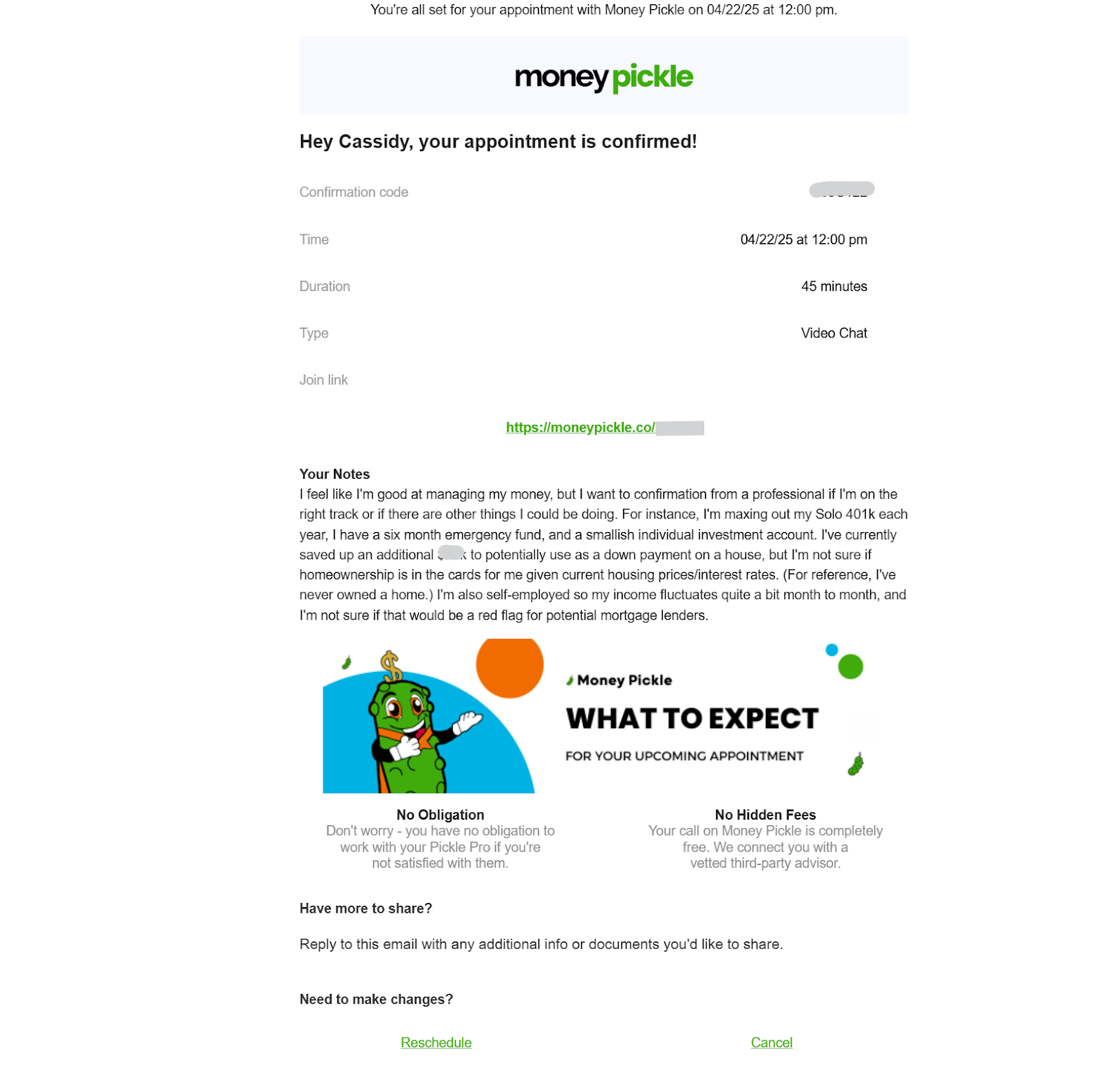 MoneyPickle appointment confirmation

