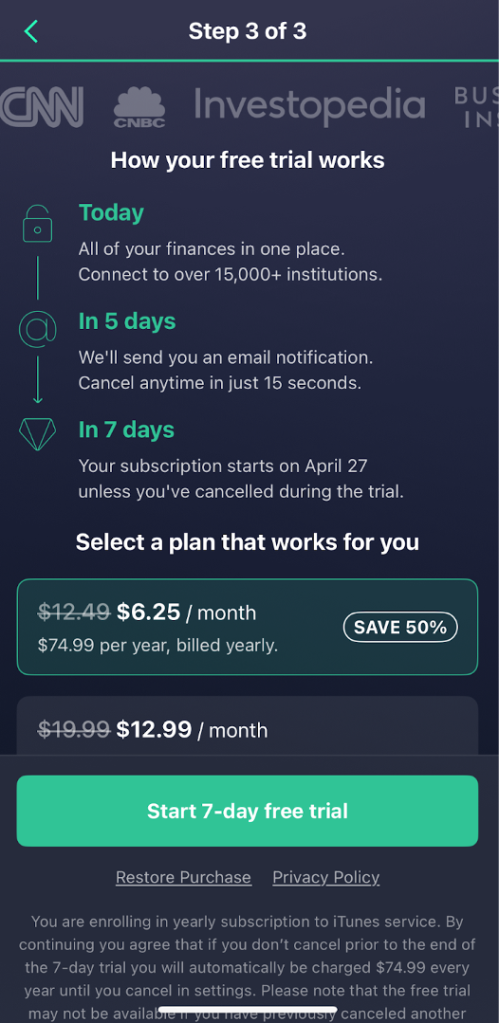 Pocket Guard free trial information