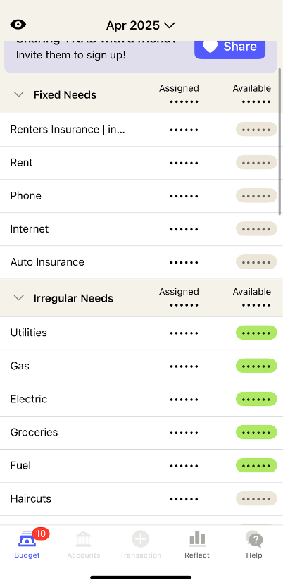 Screenshot showing YNAB user interface for activity