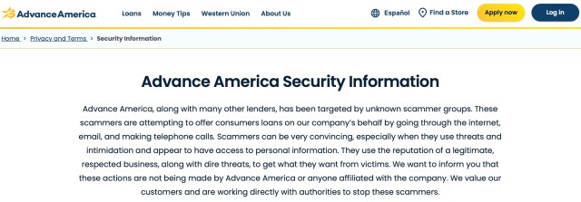 Advance America Security Information from website: Acknowledging that the company has been targeted by unknown scammer groups and describing the scams