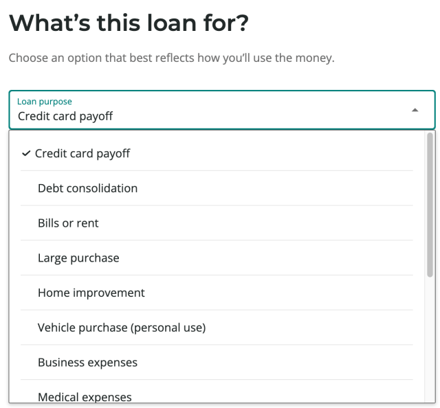 Select your loan purpose from the list on Upstart's website