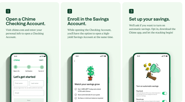 App features: 1, Open a Chime Checking Account. 2, Enroll in the Savings Account. 3, Set up your savings.