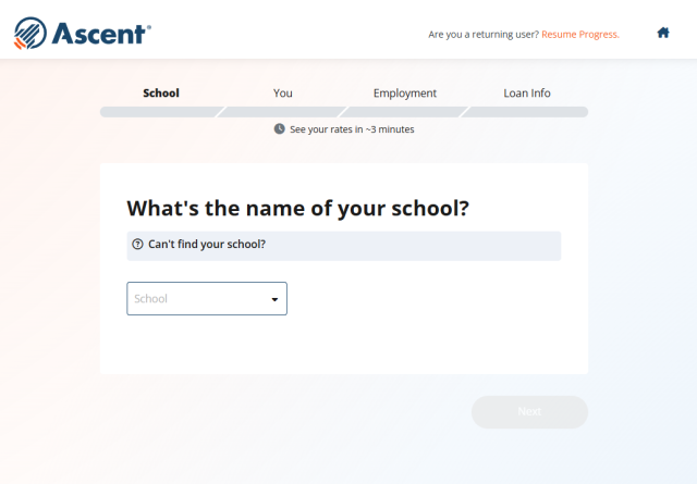 Ascent application page - "What's the name of your school?"