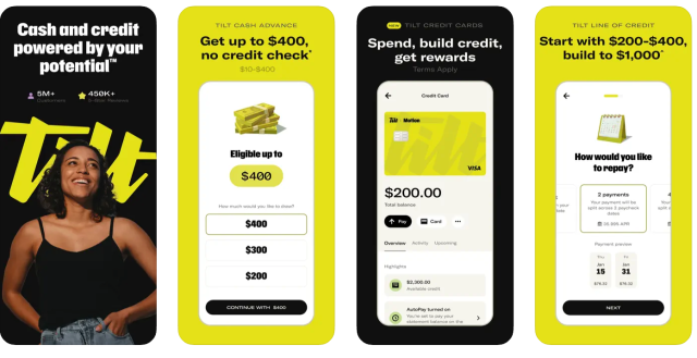 App features: Cash and credit powered by your potential, get up to $400, no credit check; Spend, build credit, get rewards; Start with $200-$400, build to $1,000