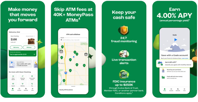App features: Make money that moves you forward; skip ATM fees at 40K+ MoneyPass ATMs; Keep your cash safe; Earn 4.00% APY