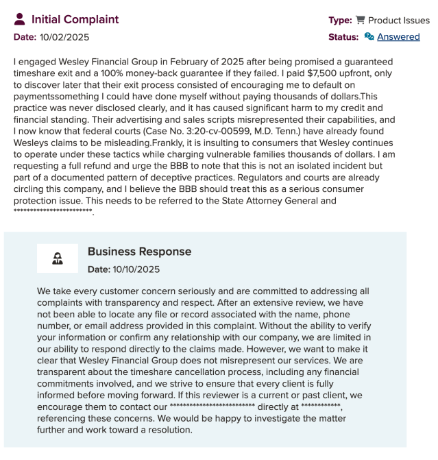 BBB complaint about Wesley encouraging the individual to default on payments