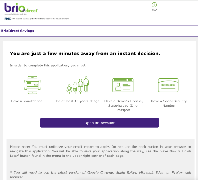Screen to open a BrioDirect Savings account, with "Open an Account" button