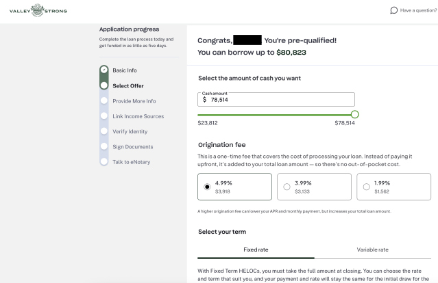 Message from Valley Strong, "Congratulations! You're prequalified!" and the option to borrow as much as $80,000.