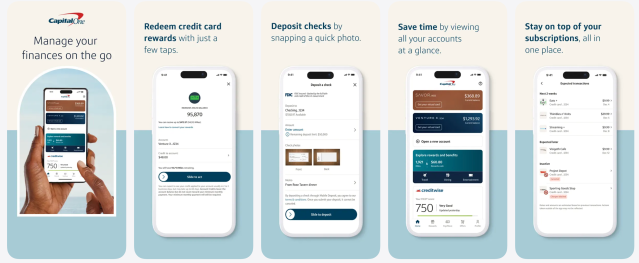 Screenshots of the Capital One mobile banking app showing account balances, transfers, and budgeting features.