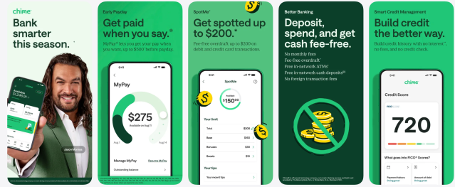 Screenshots of the Chime mobile banking app highlighting fee-free checking, early direct deposit, SpotMe overdraft coverage, and credit-building features.