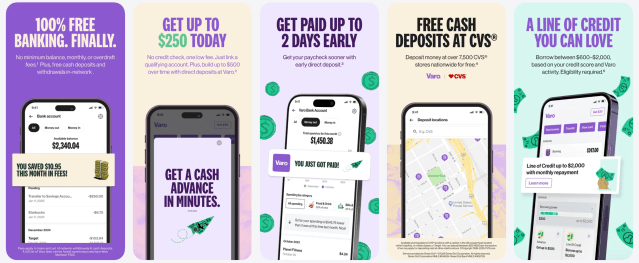 Screenshots of the Varo mobile banking app highlighting checking and savings features, early direct deposit, cash advances, and credit-building tools.