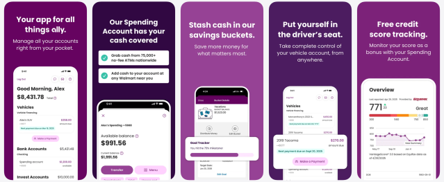 Screenshots of the Ally mobile banking app showing account balances, spending and savings buckets, bill pay, goal-based saving tools, and free credit score tracking.