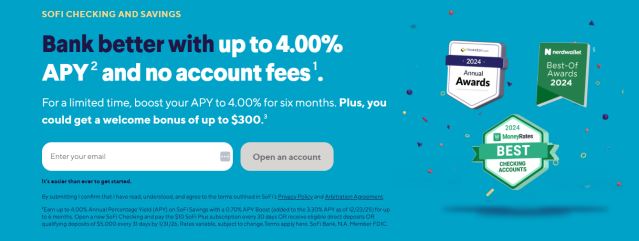 SoFi checking and savings account promotion highlighting up to 4.00% APY, no account fees, and award badges.