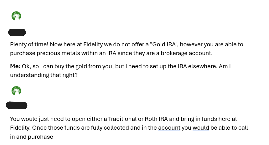 Screenshot of an online chat conversation with a Fidelity representative explaining that while Fidelity does not offer a dedicated “Gold IRA,” investors can purchase precious metals within a Traditional or Roth IRA brokerage account.