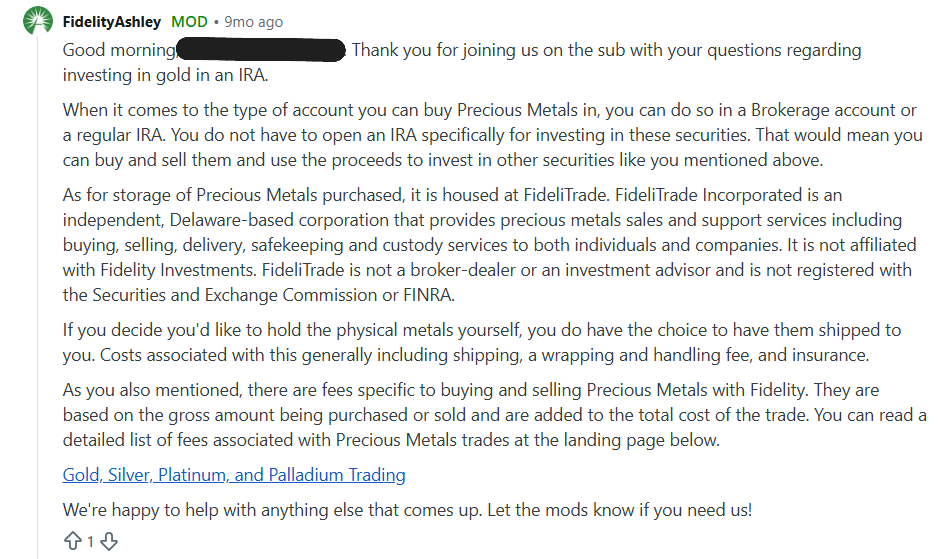 Screenshot of a Reddit post in the Fidelity Investments forum where a moderator explains that gold can be purchased through a Fidelity brokerage account or self-directed IRA, though Fidelity does not offer a standalone Gold IRA.