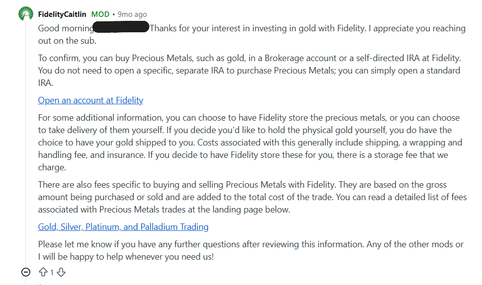 Screenshot of a Fidelity representative explaining that gold can be purchased through a Fidelity brokerage account or self-directed IRA.