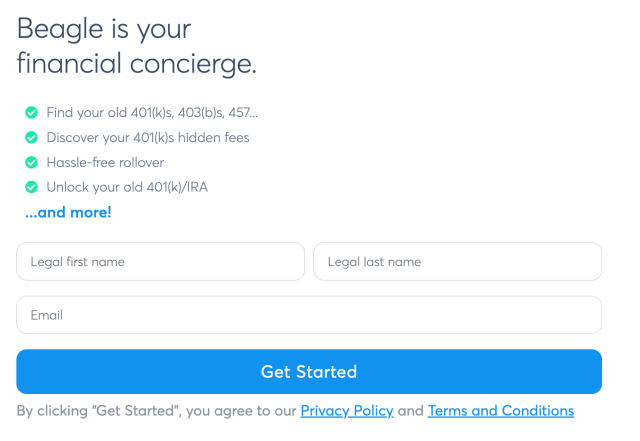 Screenshot of the Beagle sign-up page showing fields to enter your name and email to create an account and begin searching for old 401(k) accounts.
